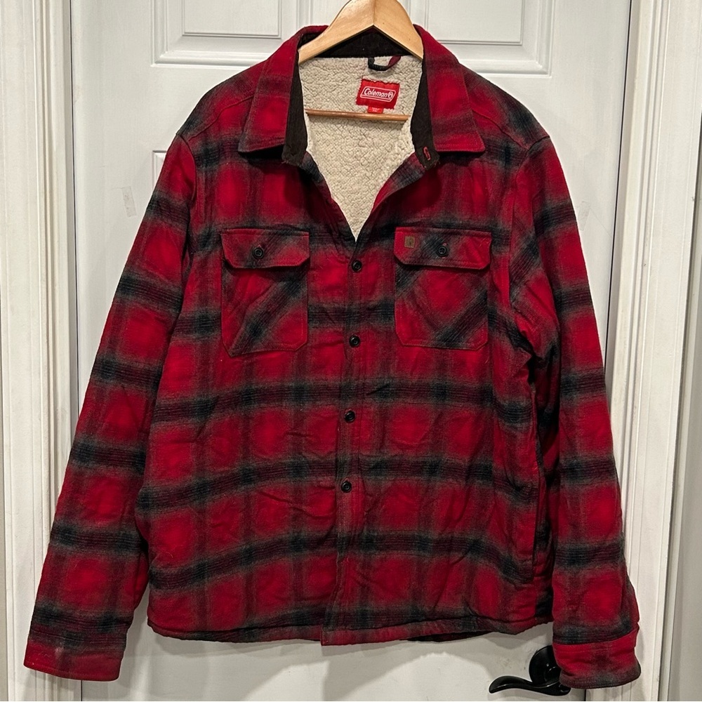 Coleman Men Sherpa Lined Warm Flannel Collar Shirt Jacket Plaid Red Size XL